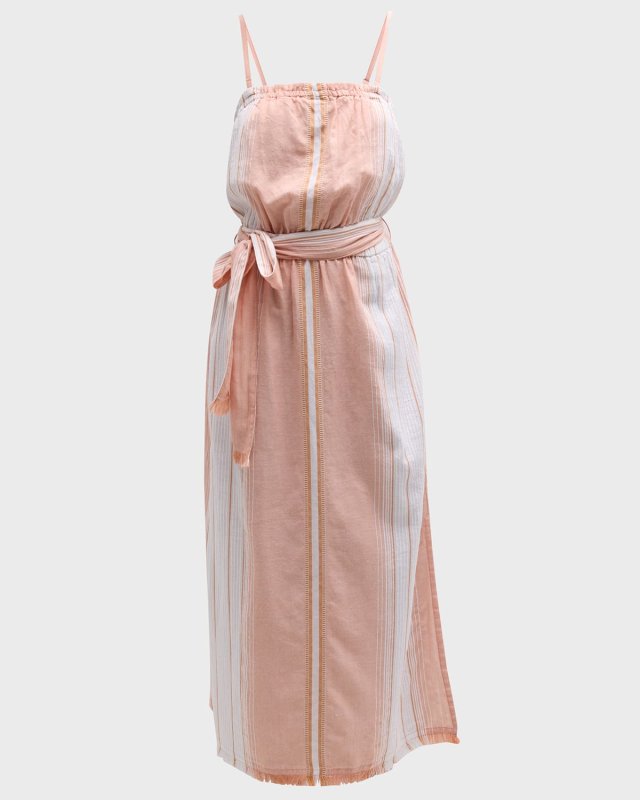 Leslie Striped Convertible-Strap Cotton Tie-Belt Midi Dress